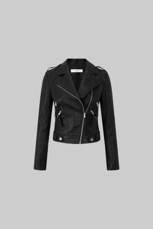 IAMXIAA Faux Leather Moto Jacket Cropped Fit with Zipper Details