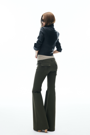 IAMXIAA Flared Casual Pants with Double Button Waist in Olive Green