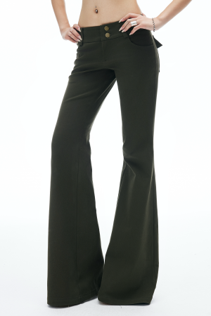 IAMXIAA Flared Casual Pants with Double Button Waist in Olive Green
