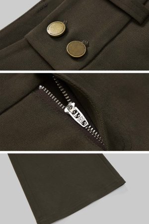IAMXIAA Flared Casual Pants with Double Button Waist in Olive Green