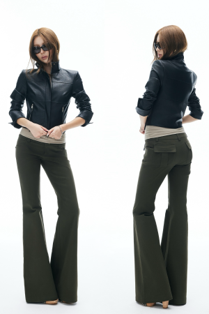 IAMXIAA Flared Casual Pants with Double Button Waist in Olive Green