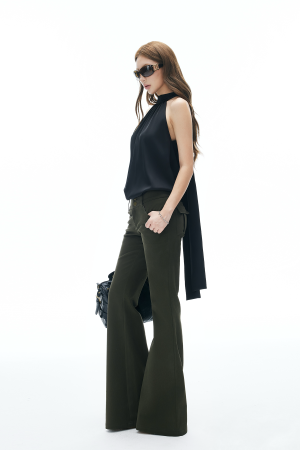IAMXIAA Flared Casual Pants with Double Button Waist in Olive Green