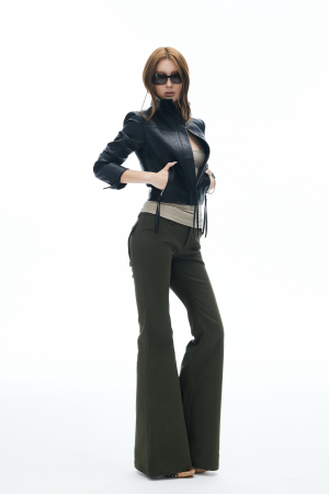 IAMXIAA Flared Casual Pants with Double Button Waist in Olive Green