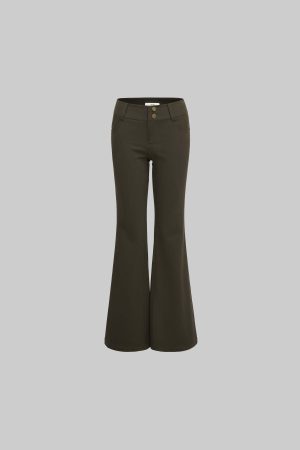 IAMXIAA Flared Casual Pants with Double Button Waist in Olive Green