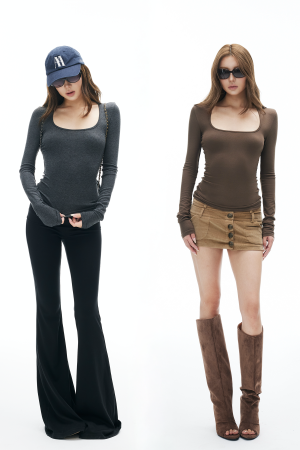 IAMXIAA Knit Long Sleeve Top with Square Neckline
