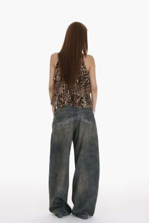 IAMXIAA Leopard Print Ruffle Tank Top Halter Neck Sheer Layered Vest