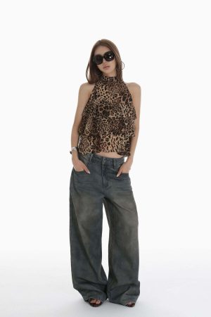 IAMXIAA Leopard Print Ruffle Tank Top Halter Neck Sheer Layered Vest