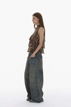 IAMXIAA Leopard Print Ruffle Tank Top Halter Neck Sheer Layered Vest