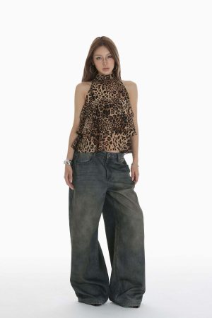 IAMXIAA Leopard Print Ruffle Tank Top Halter Neck Sheer Layered Vest