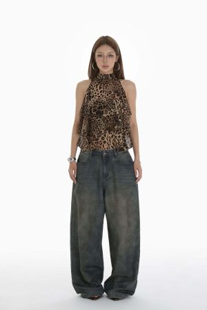 IAMXIAA Leopard Print Ruffle Tank Top Halter Neck Sheer Layered Vest