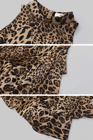 IAMXIAA Leopard Print Ruffle Tank Top Halter Neck Sheer Layered Vest