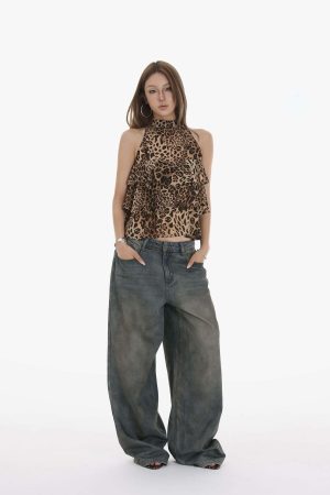 IAMXIAA Leopard Print Ruffle Tank Top Halter Neck Sheer Layered Vest