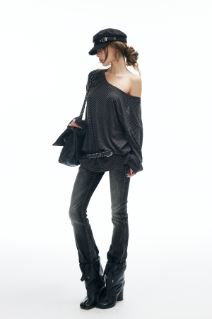 IAMXIAA Low Rise Washed Flare Jeans with Distressed Fade