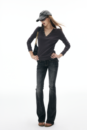 IAMXIAA Low Rise Washed Flare Jeans with Distressed Fade