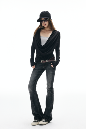 IAMXIAA Low Rise Washed Flare Jeans with Distressed Fade