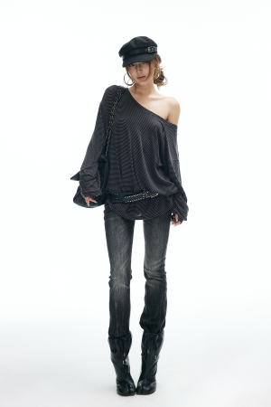 IAMXIAA Low Rise Washed Flare Jeans with Distressed Fade