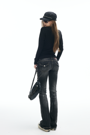 IAMXIAA Low Rise Washed Flare Jeans with Distressed Fade