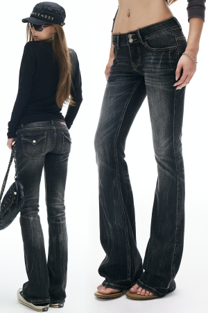 IAMXIAA Low Rise Washed Flare Jeans with Distressed Fade