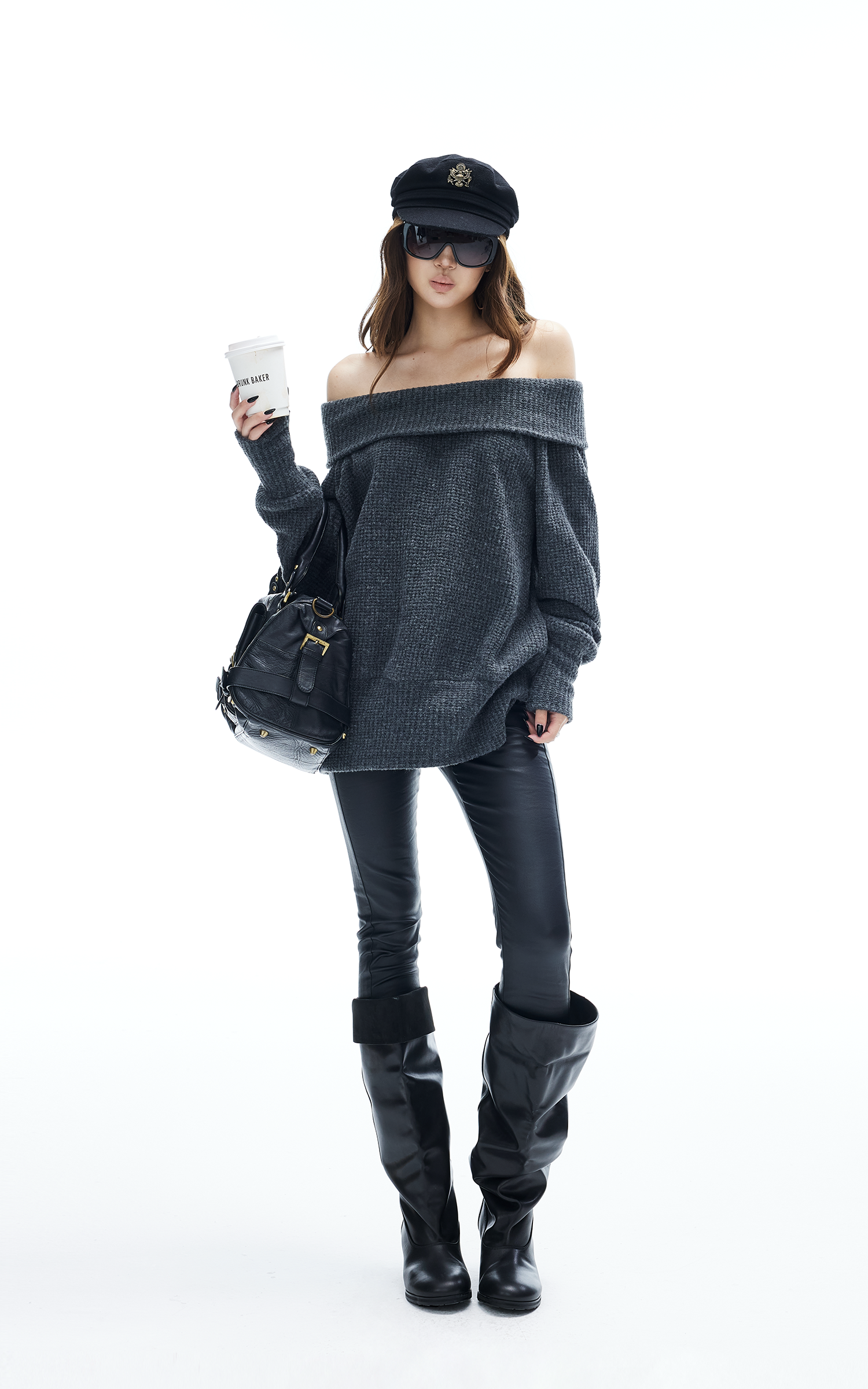 IAMXIAA Off-Shoulder Knit Sweater Charcoal Grey Pullover IAMXIAA Off-Shoulder Knit Sweater Charcoal Grey Pullover