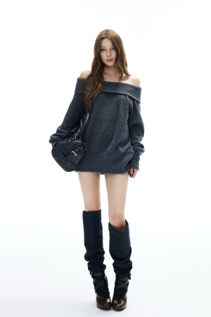 IAMXIAA Off-Shoulder Knit Sweater Charcoal Grey Pullover