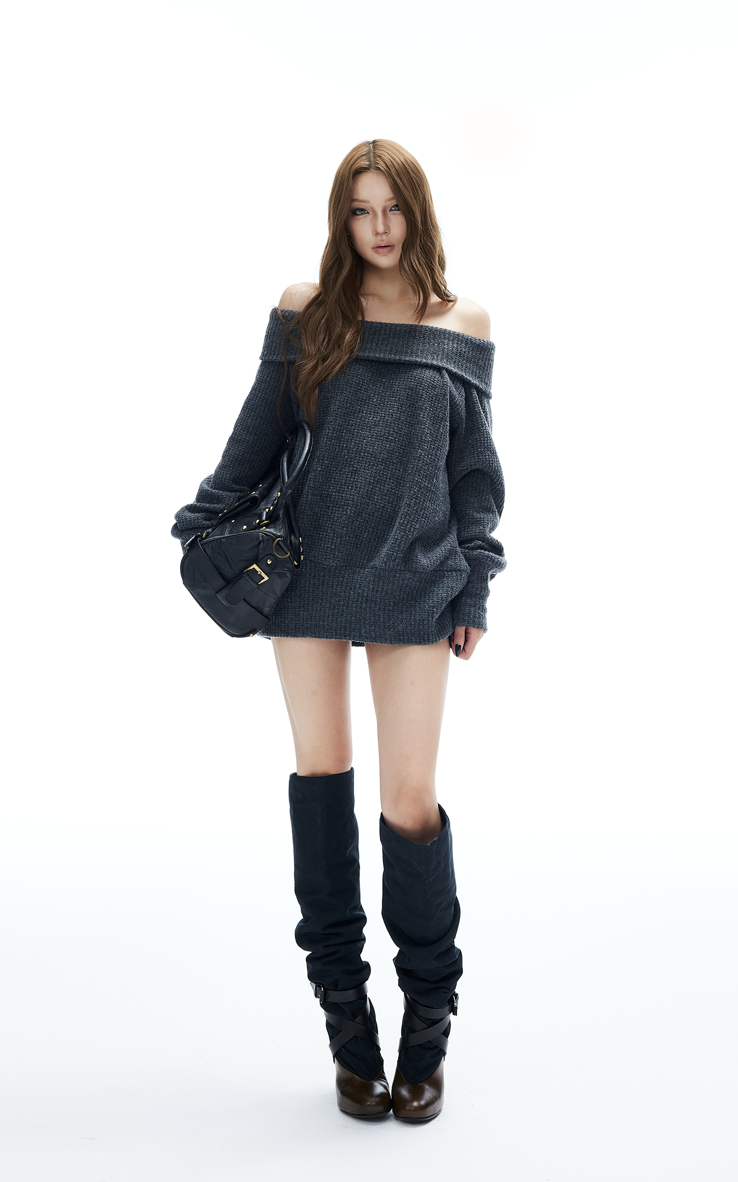 IAMXIAA Off-Shoulder Knit Sweater Charcoal Grey Pullover IAMXIAA Off-Shoulder Knit Sweater Charcoal Grey Pullover