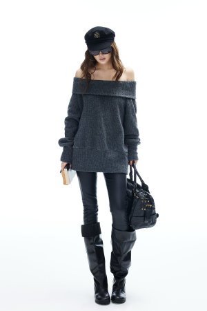 IAMXIAA Off-Shoulder Knit Sweater Charcoal Grey Pullover