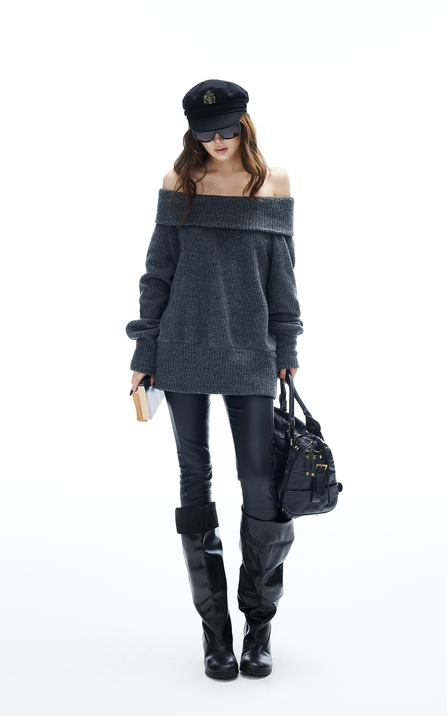 IAMXIAA Off-Shoulder Knit Sweater Charcoal Grey Pullover IAMXIAA Off-Shoulder Knit Sweater Charcoal Grey Pullover