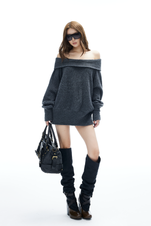 IAMXIAA Off-Shoulder Knit Sweater Charcoal Grey Pullover
