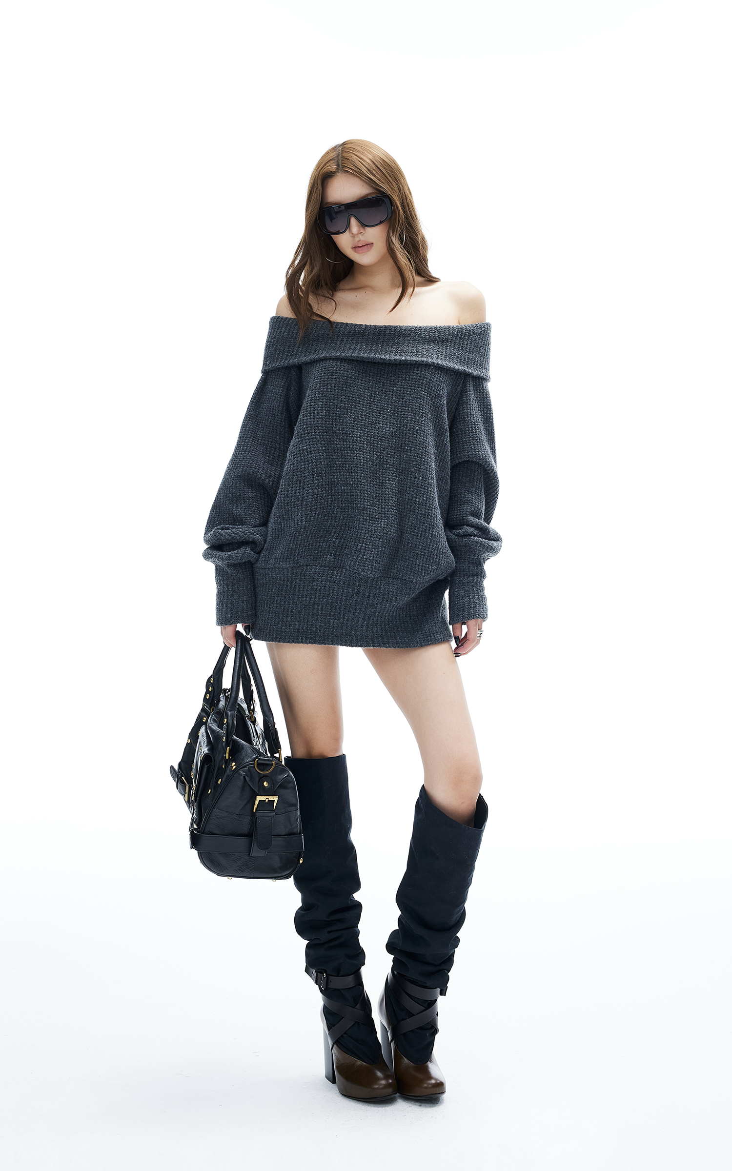 IAMXIAA Off-Shoulder Knit Sweater Charcoal Grey Pullover IAMXIAA Off-Shoulder Knit Sweater Charcoal Grey Pullover