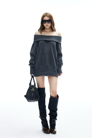 IAMXIAA Off-Shoulder Knit Sweater Charcoal Grey Pullover