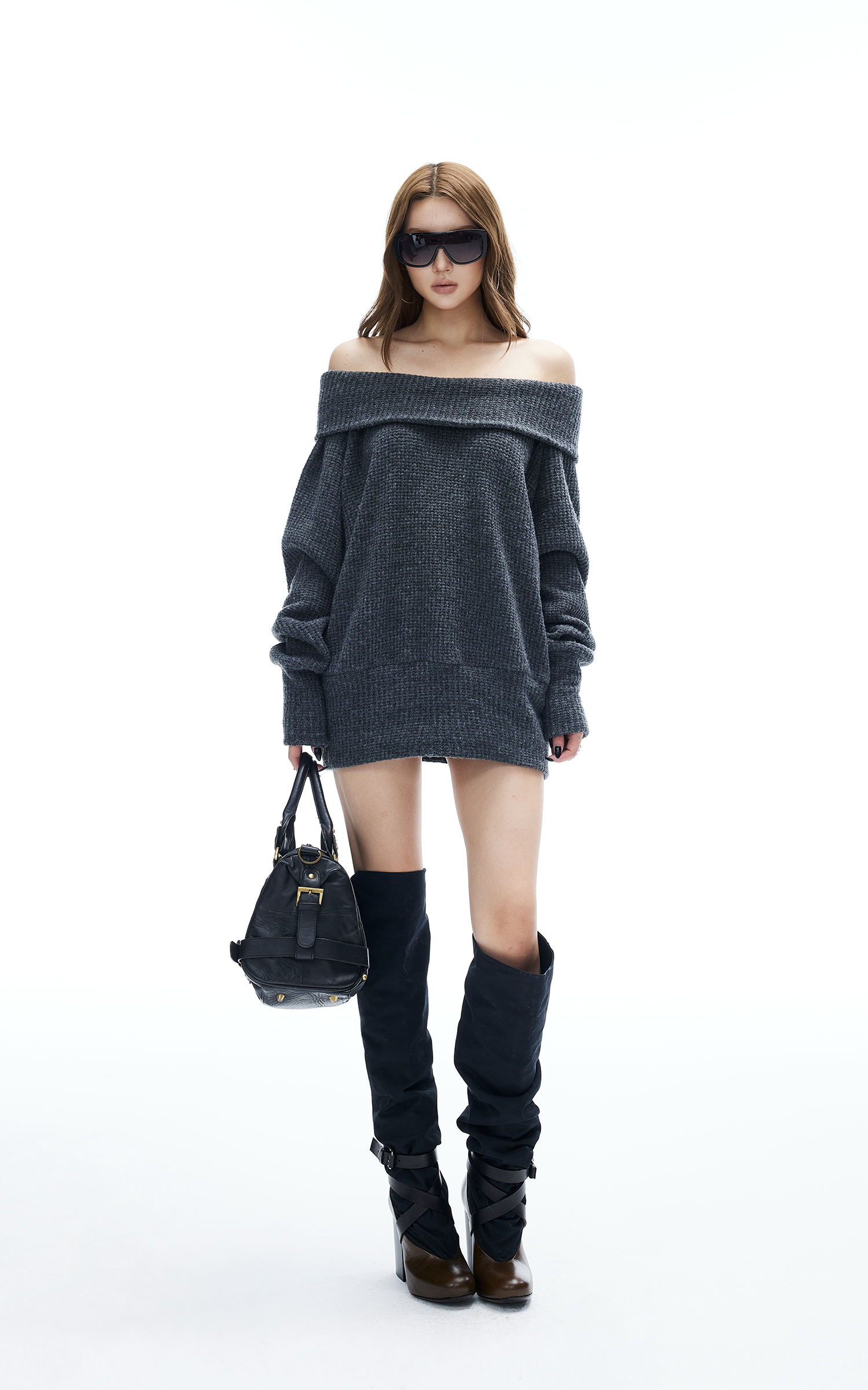 IAMXIAA Off-Shoulder Knit Sweater Charcoal Grey Pullover IAMXIAA Off-Shoulder Knit Sweater Charcoal Grey Pullover