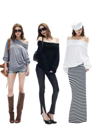 IAMXIAA Off Shoulder Knit Top Long Sleeve Pullover