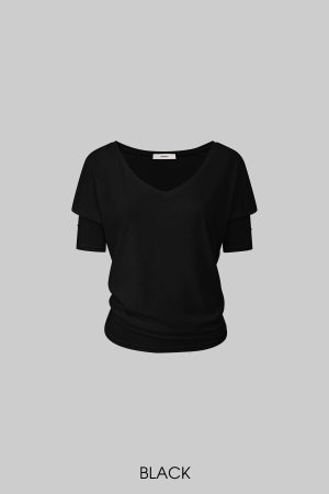 IAMXIAA Off-Shoulder Layered Effect Tee Short Sleeve Casual Loose Fit Top