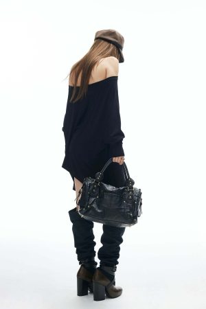 IAMXIAA Off Shoulder Long Sleeve Top with Adjustable Strap