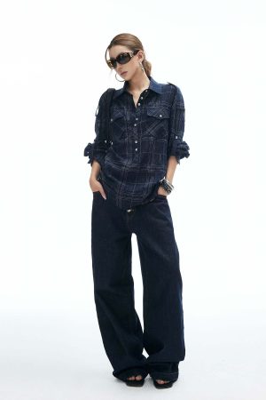 IAMXIAA Plaid Long Sleeve Shirt with Button Down Front and Tie Back Detail