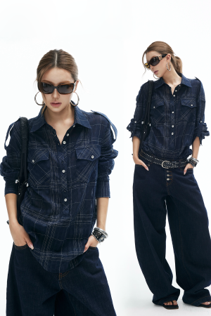 IAMXIAA Plaid Long Sleeve Shirt with Button Down Front and Tie Back Detail