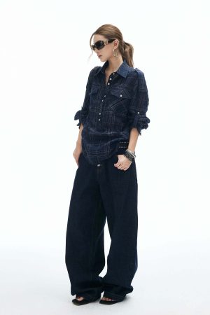 IAMXIAA Plaid Long Sleeve Shirt with Button Down Front and Tie Back Detail