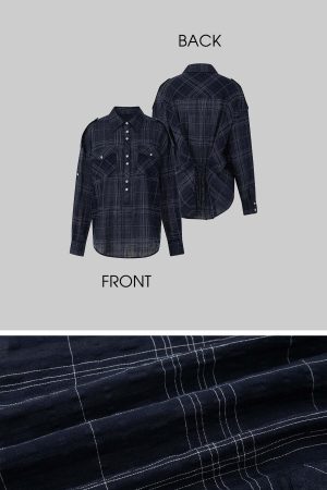 IAMXIAA Plaid Long Sleeve Shirt with Button Down Front and Tie Back Detail