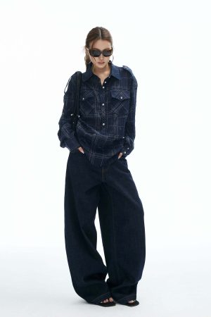 IAMXIAA Plaid Long Sleeve Shirt with Button Down Front and Tie Back Detail