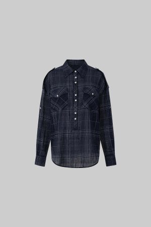 IAMXIAA Plaid Long Sleeve Shirt with Button Down Front and Tie Back Detail