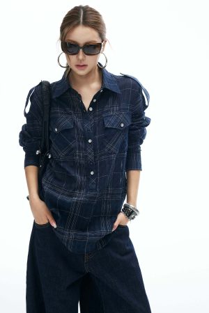 IAMXIAA Plaid Long Sleeve Shirt with Button Down Front and Tie Back Detail