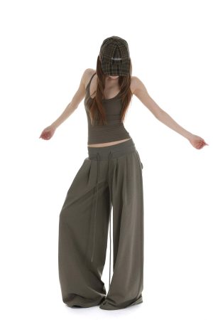 IAMXIAA Ribbed Button Tank and Wide Leg Drawstring Pants Two-Piece Set