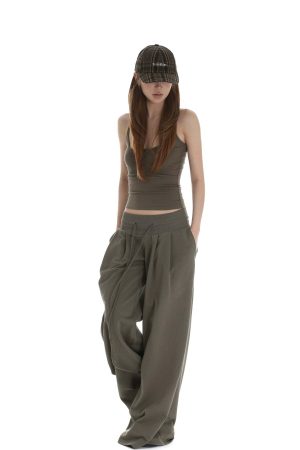IAMXIAA Ribbed Button Tank and Wide Leg Drawstring Pants Two-Piece Set