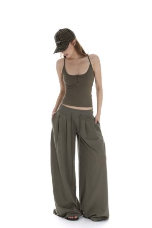 IAMXIAA Ribbed Button Tank and Wide Leg Drawstring Pants Two-Piece Set