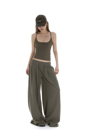 IAMXIAA Ribbed Button Tank and Wide Leg Drawstring Pants Two-Piece Set