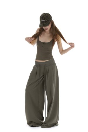 IAMXIAA Ribbed Button Tank and Wide Leg Drawstring Pants Two-Piece Set