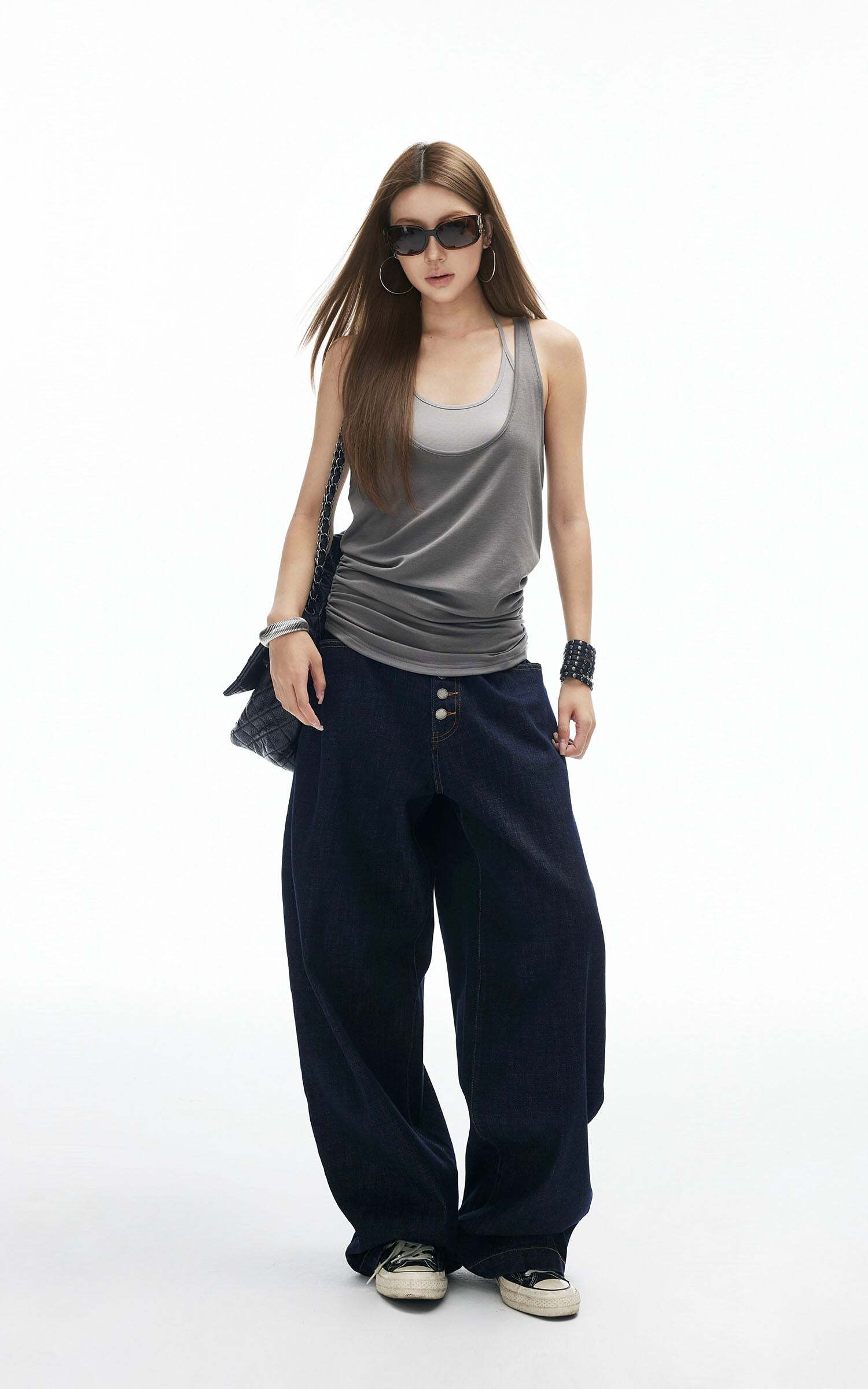 IAMXIAA Ruched Hem Layered Tank Top Double Strap Design Racerback Style IAMXIAA Ruched Hem Layered Tank Top Double Strap Design Racerback Style