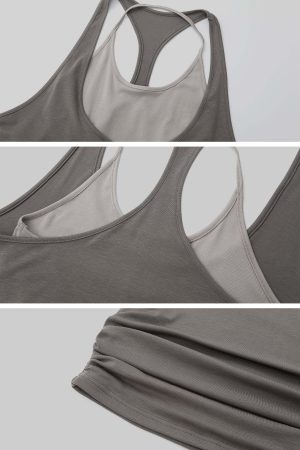 IAMXIAA Ruched Hem Layered Tank Top Double Strap Design Racerback Style