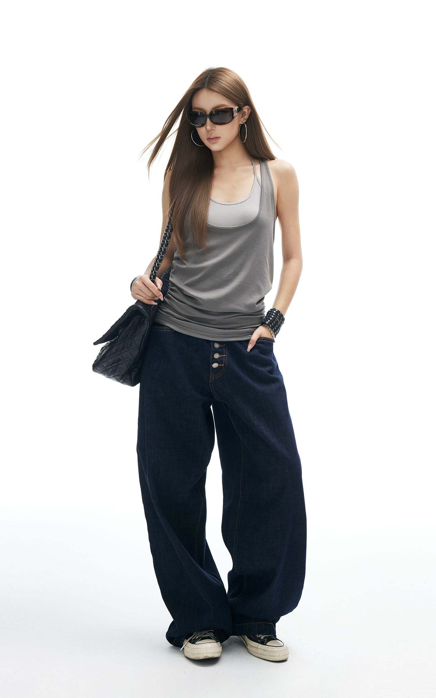 IAMXIAA Ruched Hem Layered Tank Top Double Strap Design Racerback Style IAMXIAA Ruched Hem Layered Tank Top Double Strap Design Racerback Style