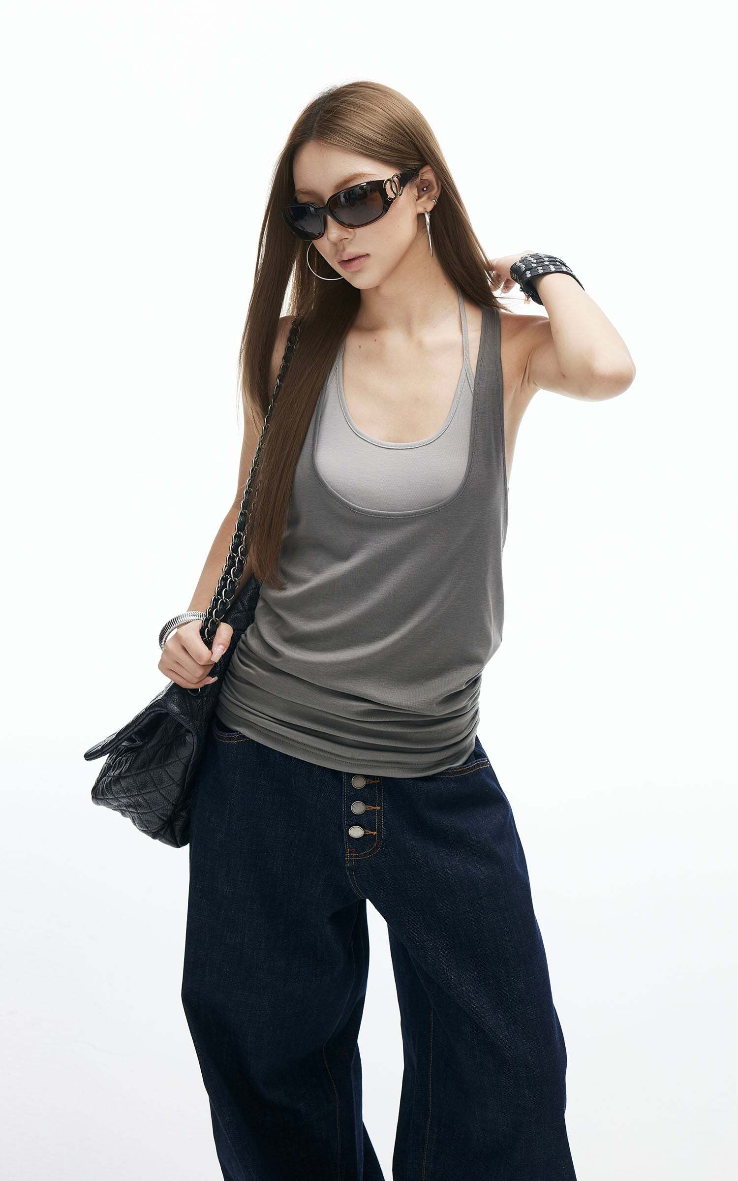 IAMXIAA Ruched Hem Layered Tank Top Double Strap Design Racerback Style IAMXIAA Ruched Hem Layered Tank Top Double Strap Design Racerback Style